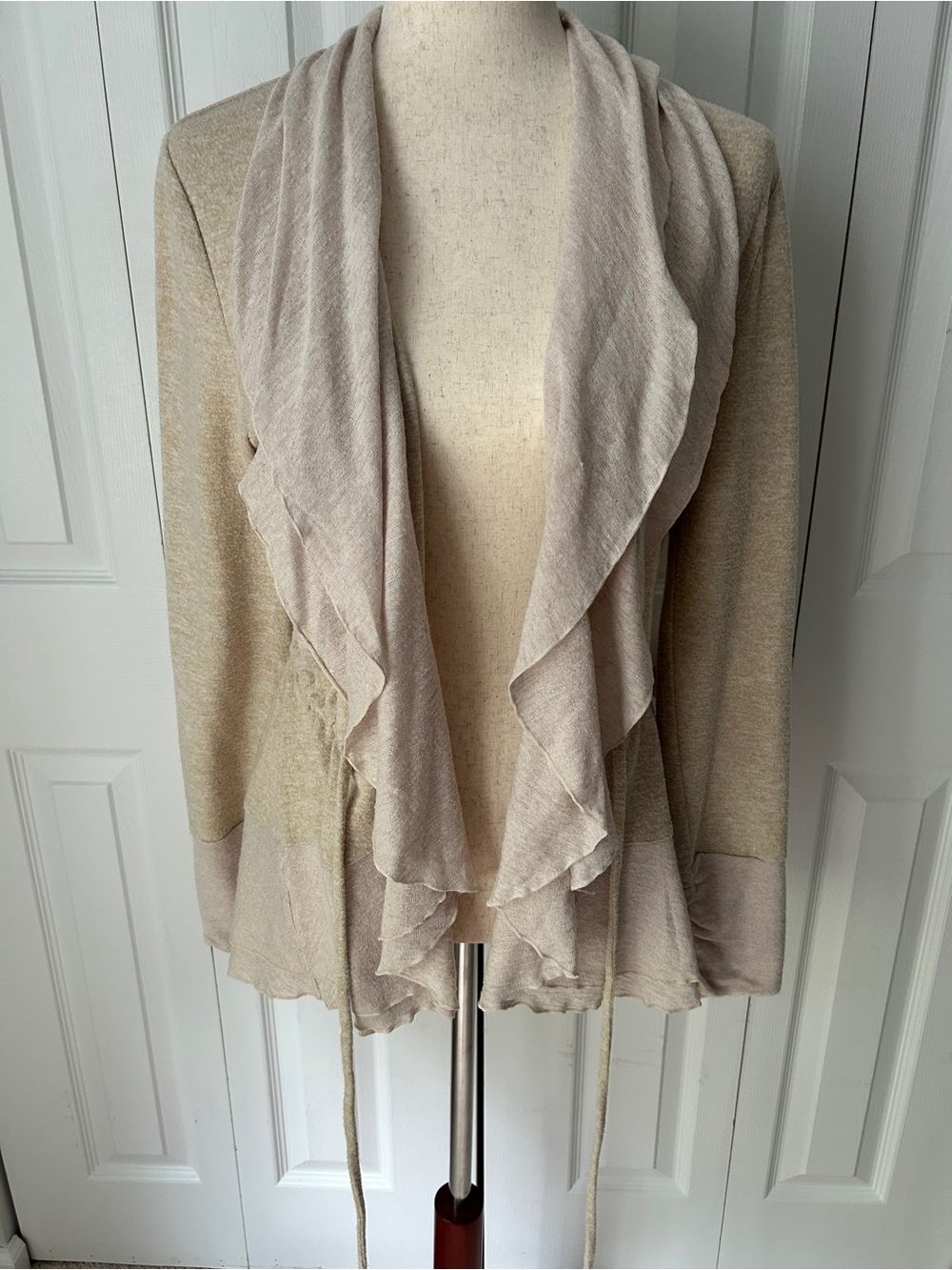 Anthropologie Light Beige Ruffle-Front Open Cardigan Sweater